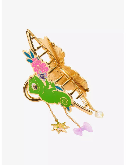 Pince à cheveux Disney Raiponce Pascal, motif floral, en métal avec breloques