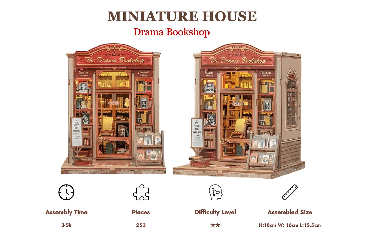 MINIATURE HOUSE - DIY - La Librairie Drama - 253pc + Eclairage LED