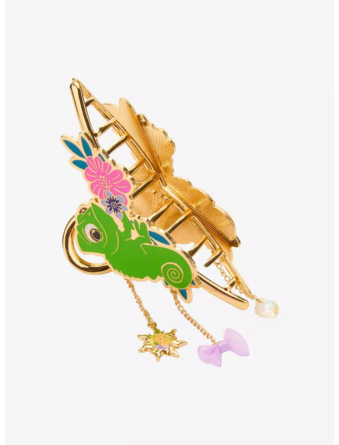 Pince à cheveux Disney Raiponce Pascal, motif floral, en métal avec breloques