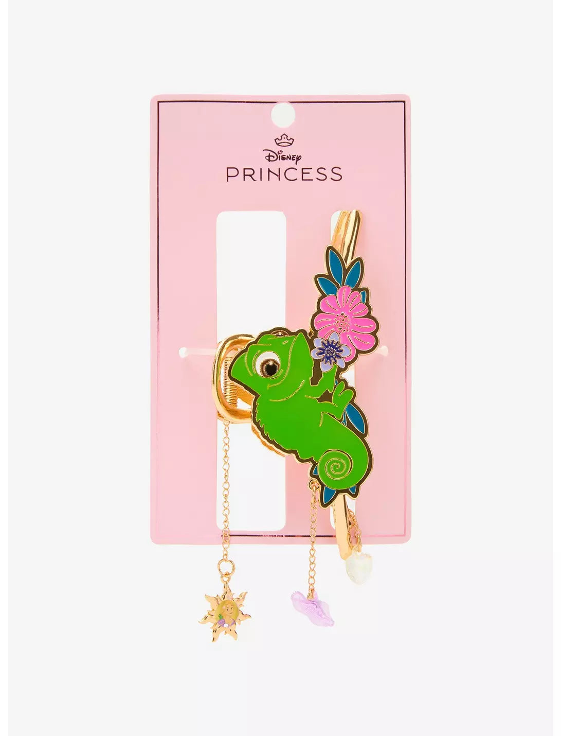 Pince à cheveux Disney Raiponce Pascal, motif floral, en métal avec breloques
